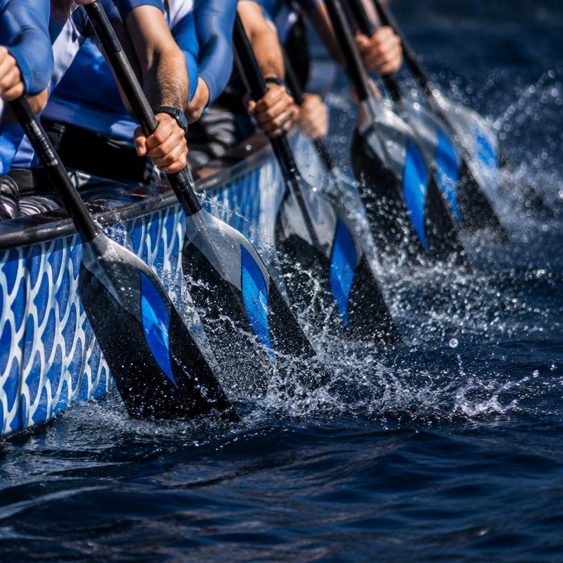 Paddles striking the water in unison